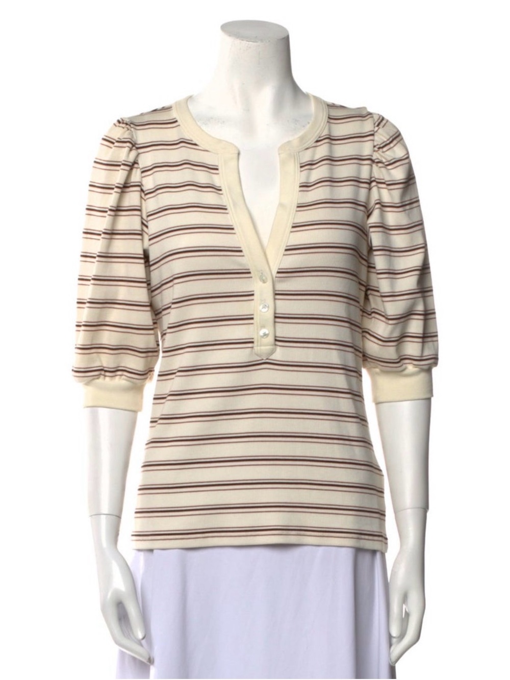 Veronica Beard Cream Striped Puff-Sleeve Henley Top